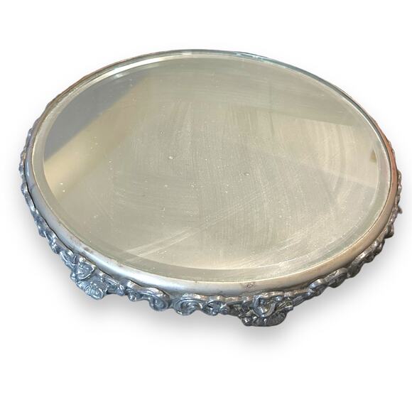 Antique Silver Footed Plateau Mirror Round 10" Beveled Vanity Stand - Picture 1 of 5